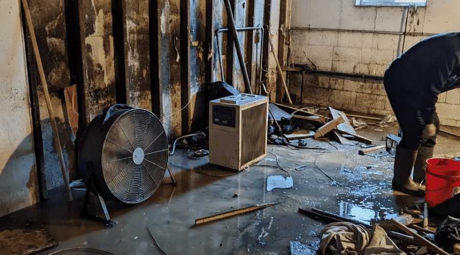 Professional flooded basement cleanup service underway at a property in Bishop, TX