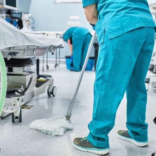 Professional hospital healthcare facility decontamination underway at a property in Houston