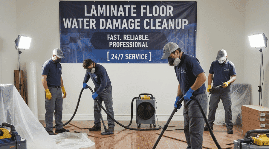 Professional laminate floor water damage cleanup service underway at a property in Bay City, TX